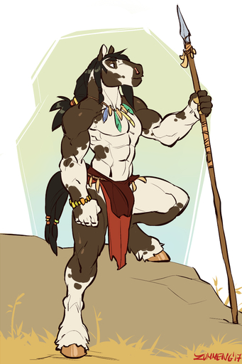 2017 5_fingers abs anthro armband barefoot biceps big_muscles biped black_hair black_tail bottomwear boulder brown_body brown_fur clothed clothing digital_media_(artwork) equid equine eyebrows facial_piercing feet fingers fist flat_colors full-length_portrait fur grass hair hi_res holding_object holding_weapon hooved_fingers hooves horse humanoid_hands jewelry loincloth long_hair looking_away male mammal manly markings melee_weapon multicolored_body multicolored_fur muscular muscular_anthro muscular_male necklace obliques outside pecs piercing plant polearm portrait pose quads red_bottomwear red_clothing rock serious serratus short_fur side_view signature simple_background smile snout solo spear standing step_pose topless tribal triceps two_tone_body two_tone_fur weapon white_body white_fur zummeng // 846x1270 // 356.8KB