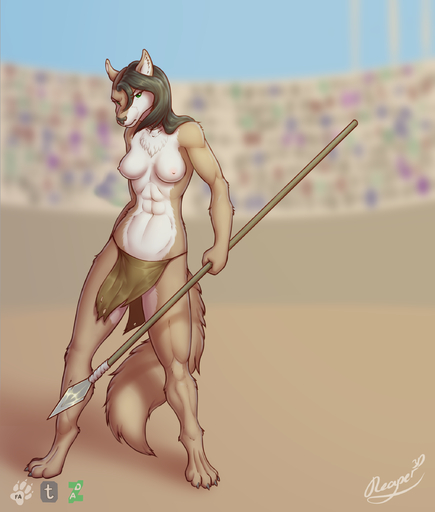 2017 abs absurd_res anthro arena areola bottomwear breasts canid canine canis chest_tuft clothed clothing collar coyote crowd female fur group hair hi_res holding_object holding_weapon jessica_vega loincloth mammal melee_weapon muscular muscular_female nipples outside reaper3d simple_background solo_focus standing topless tuft weapon // 2040x2400 // 1.6MB