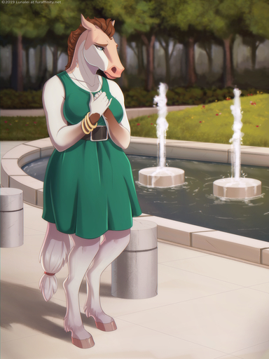 2019 5_fingers anthro breasts brown_hair clothed clothing day detailed_background digital_media_(artwork) equid equine female fingers green_eyes hair hooves horse lunalei mammal outside pensive sad sky solo // 824x1100 // 780.1KB