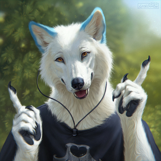 2022 anthro black_nose canid canine canis clothed clothing fur hi_res looking_at_viewer lostgoose mammal skoll_(wolf-skoll) solo text tongue white_body white_fur wolf // 1280x1280 // 472.2KB