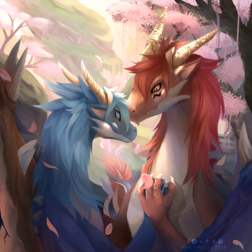 1:1 2018 amazing_background ambiguous_gender anthro blue_body blue_eyes blue_fur blush claws detailed detailed_background dragon duo fur furred_dragon hand_holding hi_res horn outside petals plant red_body red_eyes red_fur rhythmpopfox scenery signature tree white_body white_fur // 1280x1280 // 8.8MB