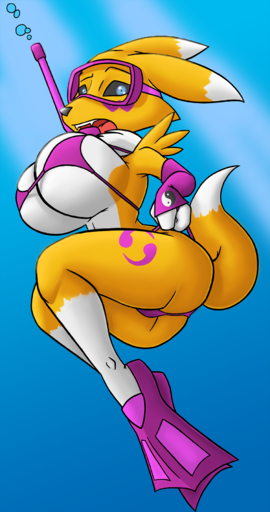2017 anthro big_breasts bikini black_sclera blue_eyes breasts canid canine cleavage clothed clothing creatiffy digimon_(species) dipstick_ears dipstick_tail fangs female hi_res huge_breasts leg_markings mammal markings multicolored_ears multicolored_tail open_mouth renamon socks_(marking) solo swimwear teeth tongue under_boob underwater water // 949x1800 // 1.4MB