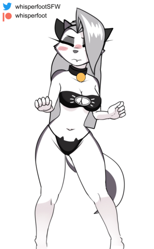 2022 5_fingers animated anthro blush canid canine cat_lingerie clothing collar conditional_dnp dancing digital_media_(artwork) eyes_closed female fingers front_view hair hi_res lingerie long_hair loona_(helluva_boss) mammal navel simple_background solo whisperfoot white_background // 794x1280 // 775.4KB