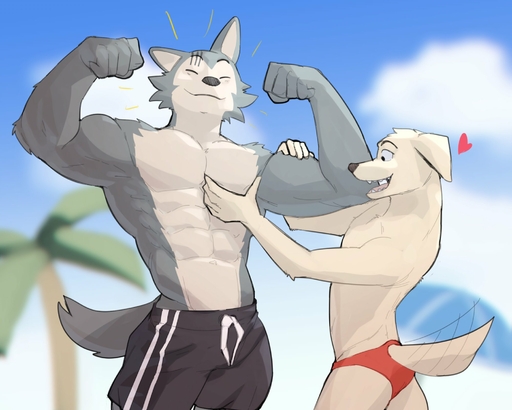 2022 <3 abs anthro anthro_on_anthro barazoku bicep_grab biceps big_muscles bird_dog blurred_background canid canine canis clothed clothing cloud day domestic_dog duo emanata eyes_closed fist flexing fur furgonomics hand_on_arm hand_on_chest hi_res hunting_dog jack_(beastars) jrjresq labrador legoshi_(beastars) male malemale mammal motion_lines muscle_worship muscular muscular_anthro muscular_male navel obliques open_mouth open_smile outside palm_tree pec_grasp pecs plant retriever scar size_difference sky smile speedo standing swimming_trunks swimwear tail_motion tailwag teeth tongue topless topless_anthro topless_male tree tuft wolf // 2000x1600 // 206.7KB