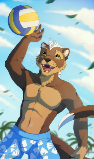 2015 5_fingers anthro ball black_nose brown_body brown_fur clothed clothing day fingers fur green_eyes hair hi_res hioshiru lutrine male mammal mustelid navel open_mouth outside short_hair sky solo sport tan_body tan_fur teeth tongue topless uvula volleyball volleyball_(ball) whiskers white_hair // 756x1280 // 923.1KB