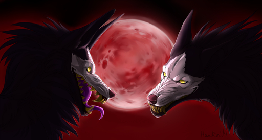 black_body black_fur canid canine duo feral fur hauringu hi_res mammal moon night open_mouth outside purple_nose purple_tongue teeth tongue yellow_eyes // 2000x1069 // 1.1MB