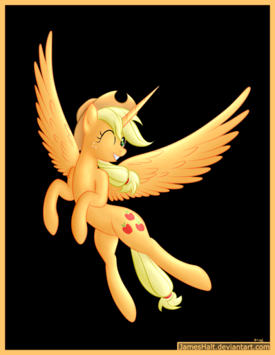 2013 alpha_channel alternate_species applejack_(mlp) blonde_hair border clothing cowboy_hat cutie_mark equid equine feathered_wings feathers female feral freckles fur green_eyes hair hat headgear headwear hi_res horn horse jameshalt long_hair mammal one_eye_closed open_mouth orange_body orange_fur simple_background smile solo text transparent_background winged_unicorn wings wink yellow_border // 1024x1317 // 367.1KB