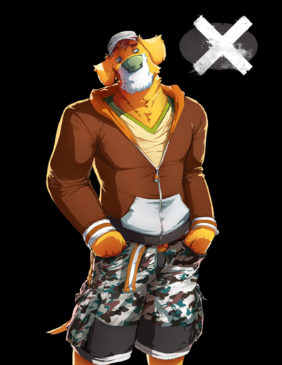 alpha_channel anthro baseball_cap biped blue_eyes bottomwear brown_hair camo canid canine canis cargo_shorts clothed clothing domestic_dog front_view fully_clothed fur green_nose hair hands_in_pockets hat headgear headwear jacket looking_aside male mammal muscular muscular_anthro muscular_male orange_body orange_fur pockets shirt short_hair shorts simple_background solo speech_bubble standing stoopix topwear transparent_background white_body white_fur // 808x1046 // 688.9KB