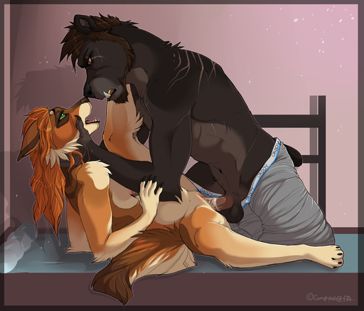 anthro balls beard black_body black_fur bodily_fluids bottomwear breasts brown_body brown_fur canid canine canis caress clothed clothing compass_(artist) ddlg domination duo erection eye_contact facial_hair fangs female female_penetrated fur genital_fluids genitals grey_body grey_fur hair inflation leg_glider_position leg_over_shoulder long_hair looking_at_another lying male malefemale male_penetrating male_penetrating_female mammal nude on_back open_mouth pants pants_down partially_clothed penetration penile penile_penetration penis penis_in_pussy pussy_juice raised_leg scar sex shadow signature spread_legs spreading tan_body tan_fur topless underwear underwear_down ursid vaginal vaginal_penetration wolf // 1200x1025 // 631.9KB