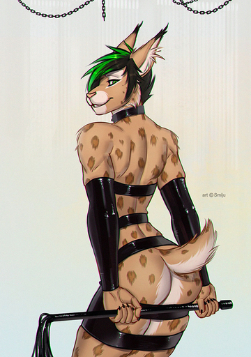 anthro arm_warmers armwear butt cat_o'_nine_tails clothed clothing collar crossdressing felid feline fur girly hair looking_at_viewer looking_back lunatik lynx male mammal rubber smiju smile solo standing whip // 633x900 // 519.6KB