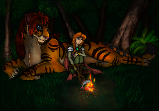 araivis-edelveys claws detailed_background duo felid female feral fire fish forest fur grass green_eyes hair human mammal marine night orange_body orange_fur orange_hair outside pantherine paws plant red_hair striped_body striped_fur stripes tiger tree // 1000x700 // 2.5MB