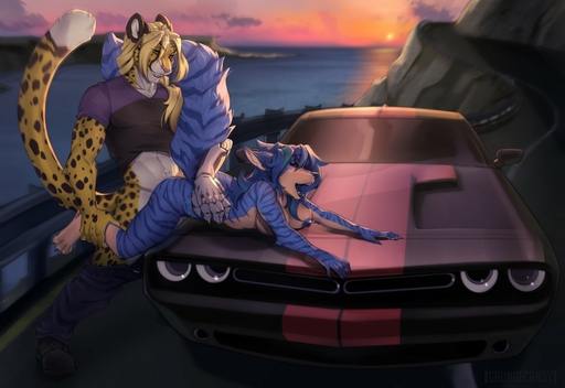 4_toes 5_fingers anthro anthro_on_anthro blonde_hair blue_body blue_fur blue_hair breasts car cheetah clothing day detailed_background dodge_(brand) dodge_challenger feet felid feline female fingers fur grungecandy hair kat_phoenix male malefemale mammal nude open_mouth outside pantherine sky smile spots spotted_body spotted_fur striped_body striped_fur stripes syphon teeth tiger toes tongue vehicle yellow_body yellow_fur // 1280x880 // 146.3KB