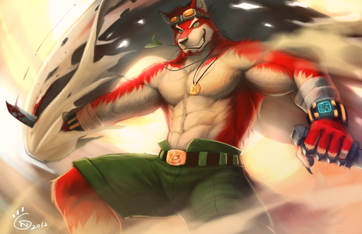 abs anthro bandage belt biceps big_muscles biped blood bodily_fluids bottomwear canid canine canis chest_tuft clock clothed clothing eyewear fur goggles green_eyes grin jewelry knife male mammal medallion muscular muscular_anthro muscular_male necklace null-ghost pecs pose red_body red_fur shorts smile solo standing topless tuft watch weapon white_body white_fur wolf // 1232x800 // 461.9KB