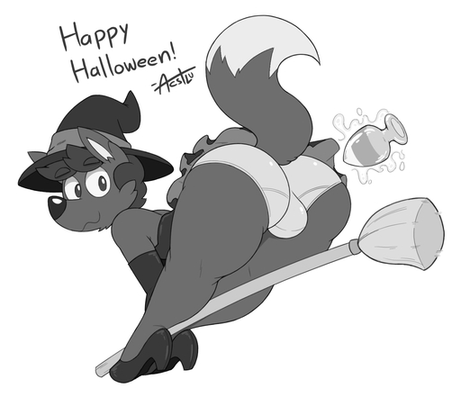 acstlu anthro ass_up balls_in_panties biped broom bulge butt buttplug canid canine cleaning_tool clothed clothing crossdressing footwear fox girly greyscale halloween hi_res high_heels holidays magic_user male mammal monochrome panties phurcy plug_(sex_toy) sex_toy shoes solo underwear witch // 1508x1300 // 342.8KB