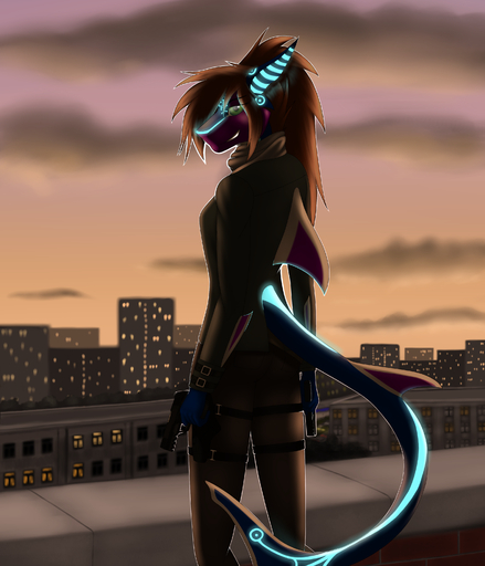 absurd_res anthro brown_hair clothed clothing day detailed_background female fin fish green_eyes gun hair hi_res hk_45 holding_gun holding_object holding_weapon marine ranged_weapon shark sky solo tales_foxdale weapon // 2700x3150 // 4.7MB