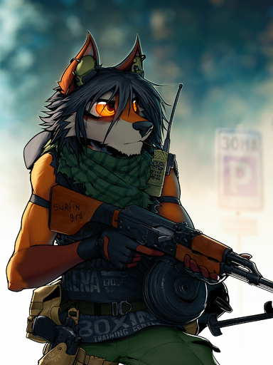 3:4 ak-47 antenna_wire anthro armband assault_rifle backpack bipod black_hair blurred_background bokeh brown_body brown_fur canid canine clothed clothing desert_eagle drum_magazine fox fur furgonomics glowing glowing_eyes gun hair handgun headphones hi_res holster mac_(macmegagerc) macmegagerc male mammal military muscular muscular_anthro muscular_male orange_body orange_eyes orange_fur pistol radio ranged_weapon rifle rpk scarf short_hair sidearm sign solo toothpick topwear vest weapon // 1500x2000 // 4.1MB
