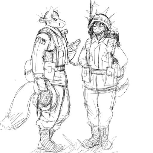 1:1 2018 anthro armor army black_and_white canid canine canis clothed clothing domestic_dog female fox headgear helmet hi_res hladilnik mammal military monochrome peggy_patterson samantha_thott simple_background soldier uniform warrior // 1280x1280 // 910.2KB