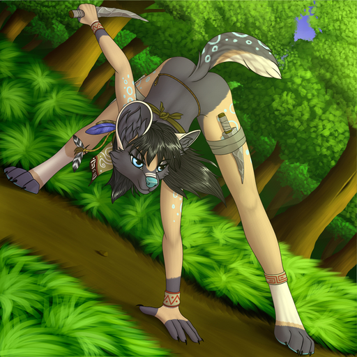 1:1 2017 4_toes african_wild_dog anthro ass_up blue_eyes bottomless canid canine clothed clothing day detailed_background digital_media_(artwork) feet female forest grass hi_res holding_object holding_weapon inner_ear_fluff mammal outside plant solo tales_foxdale toes tree tribal tuft weapon // 1250x1250 // 1.7MB