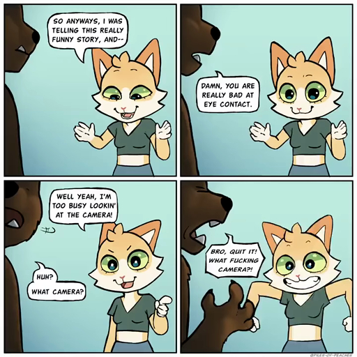 1:1 animated anthro canid canine canis clothed clothing comic dialogue domestic_cat domestic_dog duo english_text felid feline felis female humor male mammal multiple_images no_sound piles0fpeaches profanity short_playtime simple_background smile speech_bubble text webm // 720x720, 1.2s // 134.2KB