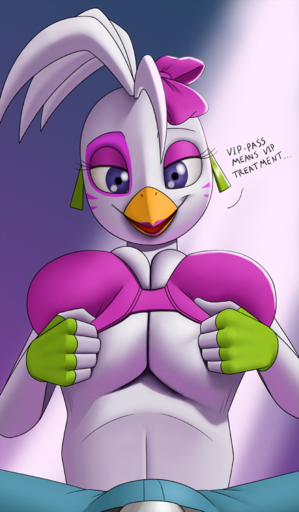 animatronic anthro avian big_breasts bird bra breast_squish breasts bulge chica_(fnaf) clothing creatiffy duo english_text female first_person_view glamrock_chica_(fnaf) hi_res huge_breasts looking_at_viewer machine male male_pov robot simple_background smile squish text underwear video_games // 1050x1800 // 3.5MB