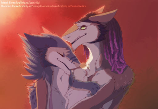 2018 ambiguous_gender anthro beard blue_body blue_fur blue_hair duo ears_back eyes_closed facial_hair fur green_eyes hair hug multicolored_body multicolored_fur neck_tuft pivoted_ears pupils purple_hair red_background red_body red_fur sergal sharp_teeth sidgi simple_background slit_pupils smile snout standing teeth tuft two_tone_body two_tone_fur white_body white_fur // 1000x692 // 525.5KB