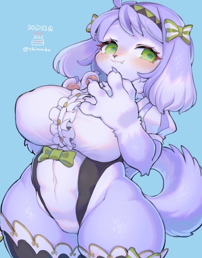accessory anthro big_breasts blush breasts canid canine canis clothed clothing domestic_dog female headband huge_breasts kemono legwear leotard looking_at_viewer mammal ribbons rikose solo text thick_thighs thigh_highs translated // 783x1000 // 102.1KB