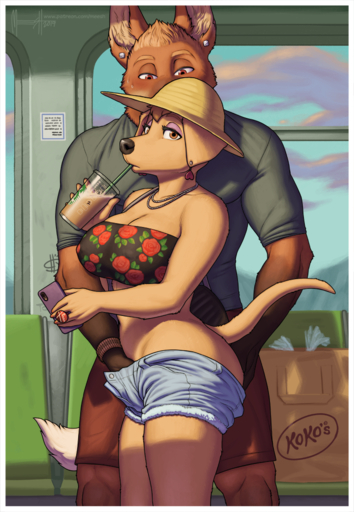 2019 <3 anthro big_breasts bird_dog black_nose blush bodily_fluids breasts canid canine canis casual_sex cellphone clara_(meesh) cleavage clothed clothing cup domestic_dog duo ear_piercing eyelashes female fingering floppy_ears fondling fur golden_retriever grope groping_crotch hand_in_pants hat headgear headwear holding_object hunting_dog inside jewelry looking_at_viewer looking_down male malefemale mammal meesh midriff necklace orange_eyes partially_clothed phone piercing public public_transportation retriever sex standing starbucks straw sweat tan_body tan_fur vaginal vaginal_fingering // 720x1042 // 865.4KB