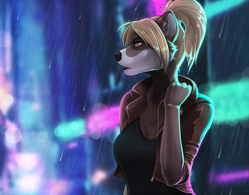 2018 amber_eyes anthro black_nose blonde_hair breasts clothed clothing digital_media_(artwork) female hair mammal night outside procyonid raccoon solo standing wyla // 1200x942 // 1.0MB