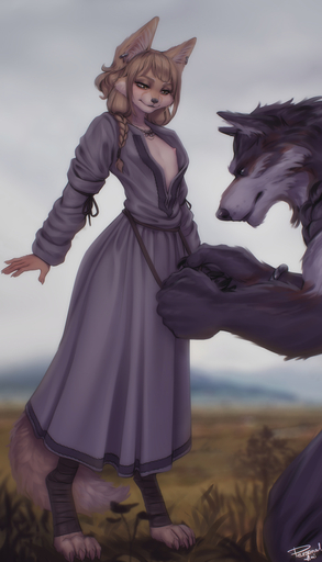 2021 anthro baggy_clothing belt braided_hair brown_hair canid canine canis clothed clothing digital_media_(artwork) ear_piercing ear_ring einarr_(personalami) female fennec flat_chested foot_wraps fox fur grey_body grey_fur hair hi_res jewelry khiara_(personalami) mammal necklace nipples personalami piercing rope rope_belt shirt signature smile standing tan_body tan_fur topwear tying vulpes wolf wraps // 743x1300 // 503.1KB
