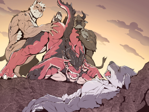 abs anthro ass_up butt canid canine canis dragon group hi_res horn humor jack-o'_crouch_pose jacketbear male mammal meme muscular muscular_anthro muscular_male nipples nude pecs spanking think_mark_think! wolf // 2667x2000 // 1.7MB
