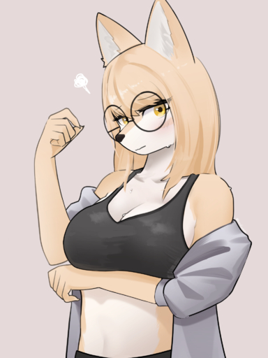 2022 3:4 anthro blush bra breasts canid canine clothed clothing eyewear female fox fur glasses hair half-length_portrait hi_res kemono korfiorano looking_at_viewer mammal multicolored_body multicolored_fur portrait round_glasses solo tan_body tan_fur tan_hair two_tone_body two_tone_fur underwear white_body white_fur yellow_eyes // 1536x2048 // 1.2MB