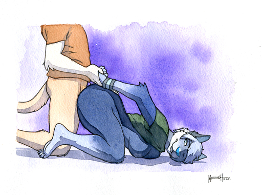 2011 all_fours anthro bottomless breasts canid canine clothed clothing digital_media_(artwork) doggystyle duo female from_behind_position kneeling male malefemale mammal meesh painting_(artwork) sex traditional_media_(artwork) watercolor_(artwork) // 1005x746 // 638.8KB