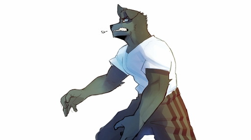 absurd_res anthro bottomwear canid canine canis clothing fighting_pose goon_(goonie_san) goonie-san growling hi_res male mammal pants pose shirt solo teeth text topwear wolf // 4096x2298 // 262.0KB
