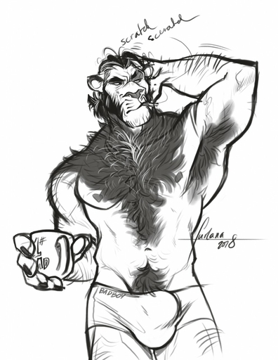 2018 anthro arm_hair armpit_hair body_hair bulge chest_hair chest_tuft clothing coffee_mug crotch_tuft cup digital_media_(artwork) facial_hair felid furlana hairy hand_behind_head hi_res holding_object leg_hair lion male mammal mature_anthro mature_male monochrome muscular muscular_anthro muscular_male nipples pantherine simple_background smoking solo standing tuft underwear white_background // 991x1280 // 179.4KB