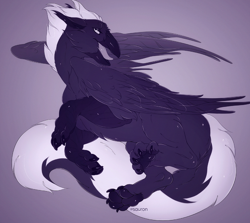 2019 4_toes ambiguous_gender arsauron avian beak claws digital_media_(artwork) feathers feet feral fur gryphon hi_res mythological_avian open_mouth purple_body purple_eyes purple_feathers purple_fur purple_theme solo toes tongue // 2000x1789 // 4.9MB