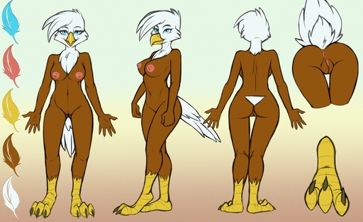 abigale_valgaln accipitrid accipitriform anthro anus avian bird blue_eyes breasts butt chest_tuft claws eagle evilymasterful feet female front_view genitals gradient_background model_sheet non-mammal_breasts nude pussy rear_view simple_background smile solo toe_claws tuft // 1280x785 // 186.1KB