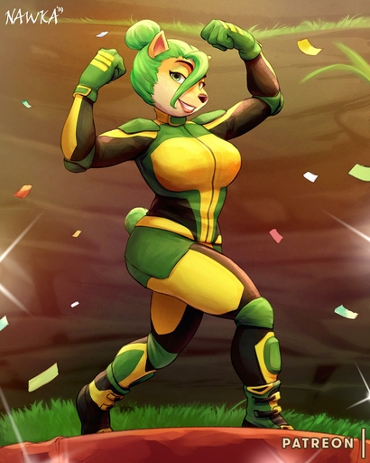 2019 4:5 ami_bandicoot anthro bandicoot biceps big_breasts biped black_clothing black_nose bodysuit boots breasts camera_flash clothed clothing confetti detailed_background digital_media_(artwork) elbow_pads eyebrows eyelashes eyeshadow female flexing footwear full-length_portrait fur gloves grass green_clothing green_eyes green_gloves green_hair green_handwear hair hair_bun handwear hi_res knee_pads lipstick looking_at_viewer makeup mammal marsupial nawka plant podium portrait pose shin_pads short_hair shoulder_pads skinsuit smile solo tight_clothing video_games yellow_clothing // 1200x1500 // 161.7KB