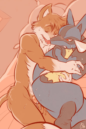 2:3 ambiguous_gender annoyed anthro balls bed blue_body blue_fur blush bodily_fluids canid canine cum duo erection eyes_closed felid from_behind_position fur furniture genital_fluids genitals looking_back lucario male mammal nude open_mouth orange_body orange_fur patto penetration penis pokemon_(species) red_eyes sex sweat teeth tongue video_games // 500x750 // 495.9KB