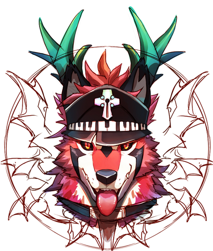 black_sclera bust_portrait canid canine canis clothing collar cross hat headgear headwear male mammal null-ghost portrait simple_background solo tongue tongue_out white_background wolf yellow_eyes // 690x810 // 511.3KB