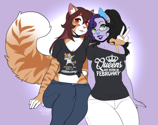 2020 anthro black_hair canid canine clothed clothing digital_media_(artwork) duo english_text eyebrows eyelashes felid feline female green_eyes hair kittydee mammal red_eyes shirt smile text text_on_clothing text_on_shirt text_on_topwear topwear // 1280x1011 // 555.6KB