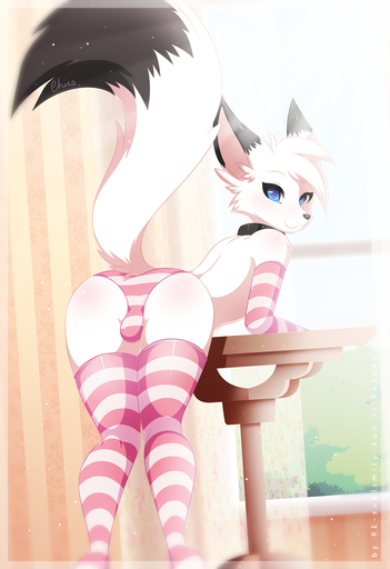 2015 :3 anthro arctic_fox arm_warmers armwear balls_in_panties bent_over black_body black_fur blue_eyes blush bottomwear bulge butt canid canine clothed clothing collar crossdressing digital_media_(artwork) dipstick_tail fox fur girly hair hi_res leaning leaning_forward legwear lehran looking_at_viewer looking_back looking_back_at_viewer male mammal multicolored_tail panties pattern_armwear pattern_bottomwear pattern_clothing pattern_legwear pattern_panties pattern_underwear presenting presenting_hindquarters re-sublimity-kun rear_view shaded short_hair smile solo stockings striped_armwear striped_bottomwear striped_clothing striped_legwear striped_panties striped_underwear stripes thick_thighs thigh_highs topless two_tone_tail underwear vulpes white_body white_fur // 850x1239 // 648.2KB