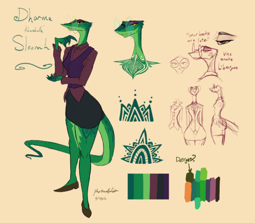 2019 anthro artblush big_glasses bottomwear breasts business_attire butt clothed clothing dharma_sleerah dress_shirt dress_shoes english_text eyewear female footwear formal_wear fully_clothed glasses hi_res long_neck markings model_sheet non-mammal_breasts pencil_skirt reptile scalie shirt shoes skirt small_waist snake text topwear vest wide_hips yellow_sclera // 2106x1842 // 940.3KB