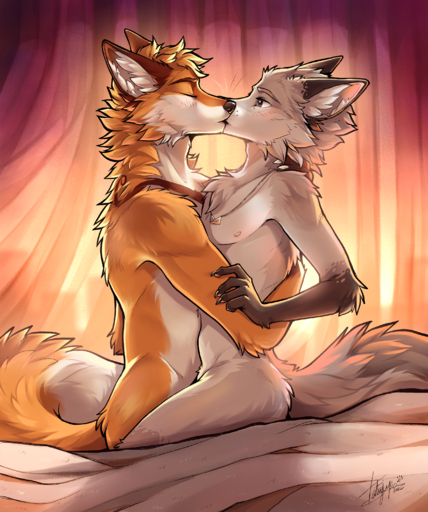 2022 absurd_res anthro blush canid canine canis cheek_tuft chest_tuft duo embrace facial_tuft fingerclaws fox gloves_(marking) grey_fox half-length_portrait hi_res hug inner_ear_fluff jewelry kissing male malemale mammal markings necklace necklace_only nipples nude portrait red_fox tatujapa tuft urocyon vulpes whisker_markings whiskers // 2507x3000 // 8.3MB