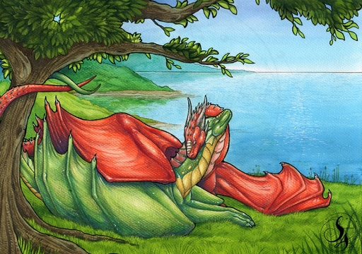 2019 claws day detailed_background dragon duo grass hi_res horn membrane_(anatomy) membranous_wings natoli outside plant scalie spines traditional_media_(artwork) tree water western_dragon wings // 2000x1406 // 2.4MB