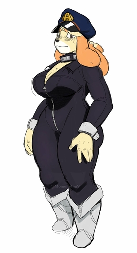 animal_crossing anthro blush bodily_fluids boots breasts canid canine canis cleavage clothed clothing collar cosplay domestic_dog female footwear goonie-san hat headgear headwear hi_res isabelle_(animal_crossing) mammal my_hero_academia nervous nintendo police_hat solo suit sweat video_games zipper // 1109x2053 // 150.4KB