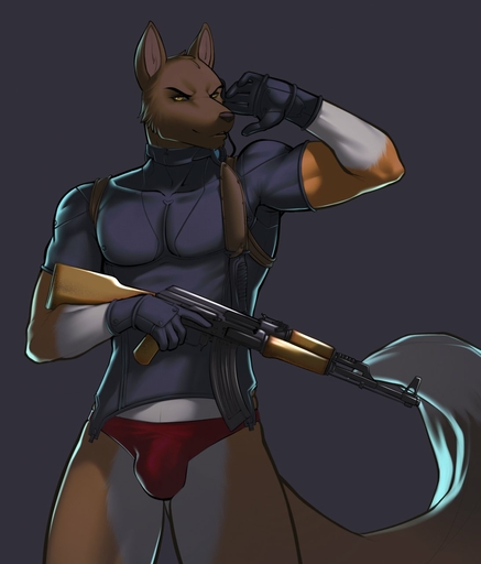2010 5_fingers ak-47 akita anthro assault_rifle biceps big_tail black_eyebrows black_nose bottomwear briefs brown_body brown_fur brown_tail bulge canid canine canis clothed clothing digital_media_(artwork) domestic_dog eyebrows fingers front_view fur gloves grey_background gun handwear hi_res holding_gun holding_object holding_weapon hurst looking_at_viewer male mammal multicolored_body multicolored_fur multicolored_tail muscular muscular_anthro muscular_male pecs portrait ranged_weapon red_bottomwear red_clothing red_underwear rifle simple_background solo spearfrost spitz standing three-quarter_portrait tight_clothing two_tone_tail underwear weapon white_body white_fur white_tail yellow_eyes // 1093x1280 // 96.8KB