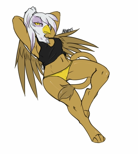2013 anthro anthrofied avante92 avian barefoot beak biped breasts brown_body brown_feathers clothed clothing eyebrows eyelashes feathered_wings feathers feet female gilda_(mlp) gryphon hair half-closed_eyes hands_behind_head hi_res midriff mythological_avian narrowed_eyes navel nipple_outline non-mammal_breasts panties ponytail pose purple_body purple_feathers simple_background skimpy solo underwear white_background white_body white_feathers wings yellow_eyes // 1152x1280 // 105.1KB