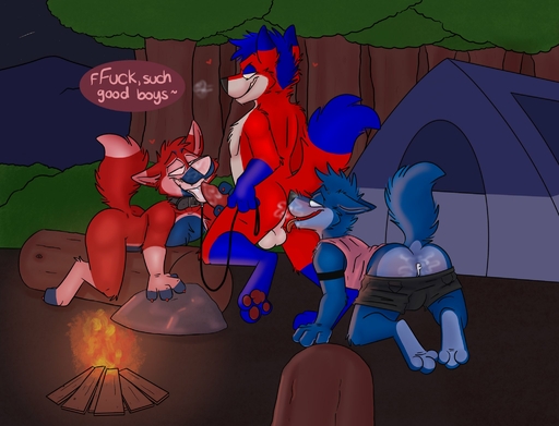 3_toes 4_fingers <3 all_fours anal anthro anthro_on_anthro arm_markings ass_to_mouth black_bottomwear black_clothing black_markings black_nose black_shorts blue_body blue_fur blue_hair blue_tail bodily_fluids bottomwear breath butt campfire canid canine canis claws clothed clothing collar collar_only countershade_face countershade_tail countershade_torso countershading cum cum_in_ass cum_inside cum_on_face cum_on_penis dialogue digital_media_(artwork) dipstick_ears dominant dominant_male ears_back english_text erection eyebrow_piercing facial_piercing feet fingerless_(marking) fingers fox fur genital_fluids genitals gloves_(marking) good_boy group hair hi_res kazumafox leash leg_markings licking log lying male malemale mammal markings multicolored_ears night nude on_back open_mouth open_smile oral oral_sandwich outside partially_clothed pawpads penile penis penis_lick penjally-red-fox piercing pink_clothing pink_shirt pink_tank_top pink_tongue pink_topwear pivoted_ears plant profanity raised_tail red_body red_claws red_fur red_pawpads red_tail rimming robbie_(rotten_robbie) rock rotten_robbie sex shirt shorts shorts_down shrub smile socks_(marking) speech_bubble standing submissive submissive_male tank_top tent text toeless_(marking) toes tongue tongue_out topwear tree trio white_body white_fur white_nose white_tail white_tongue wolf wood // 2048x1563 // 253.4KB