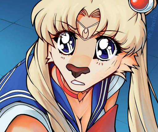 6:5 anime anthro big_eyes blonde_hair blue_eyes canid choker clothing female fur hair jewelry macmegagerc mammal meme necklace sailor_moon_(series) sailor_moon_redraw_challenge solo yellow_body yellow_fur // 900x750 // 979.6KB