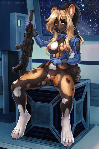 2016 4_toes african_wild_dog anthro areola assault_rifle barefoot big_breasts biped black_hair blonde_hair bodily_fluids bottomless breasts brown_body brown_fur brown_hair canid canine claws clothed clothing digital_media_(artwork) digitigrade exposed_breasts feet female front_view fur genitals gun hair heat_(temperature) hi_res holding_gun holding_object holding_weapon humanoid_genitalia humanoid_hands humanoid_pussy inner_ear_fluff inside iskra jacket looking_at_viewer mammal multicolored_body multicolored_fur multicolored_hair nipples open_clothing open_mouth open_shirt open_topwear partially_clothed plump_labia ponytail pussy ranged_weapon rifle science_fiction shiretsuna_(character) shirt sitting solo space spread_legs spreading sweat tan_body tan_fur toe_claws toes topwear tuft two_tone_hair undressing unprofessional_behavior weapon white_body white_fur window yellow_eyes // 853x1280 // 1.6MB